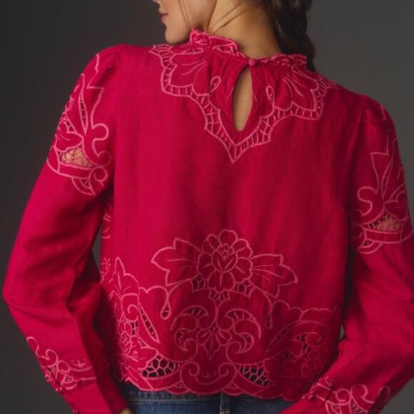 Anthropologie Women The Lainie Longsleeve Lace Cutwork Blouse Pink XL LinenBlend - Picture 4 of 16